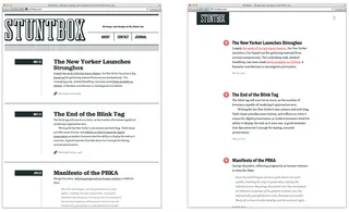 Side-by-side screenshots of the old and new stuntbox.com designs